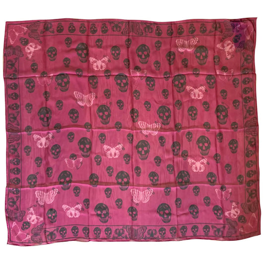New Alexander Mcqueen Silk Butterfly and Skull Semi-Sheer Fuchsia Red Scarf
