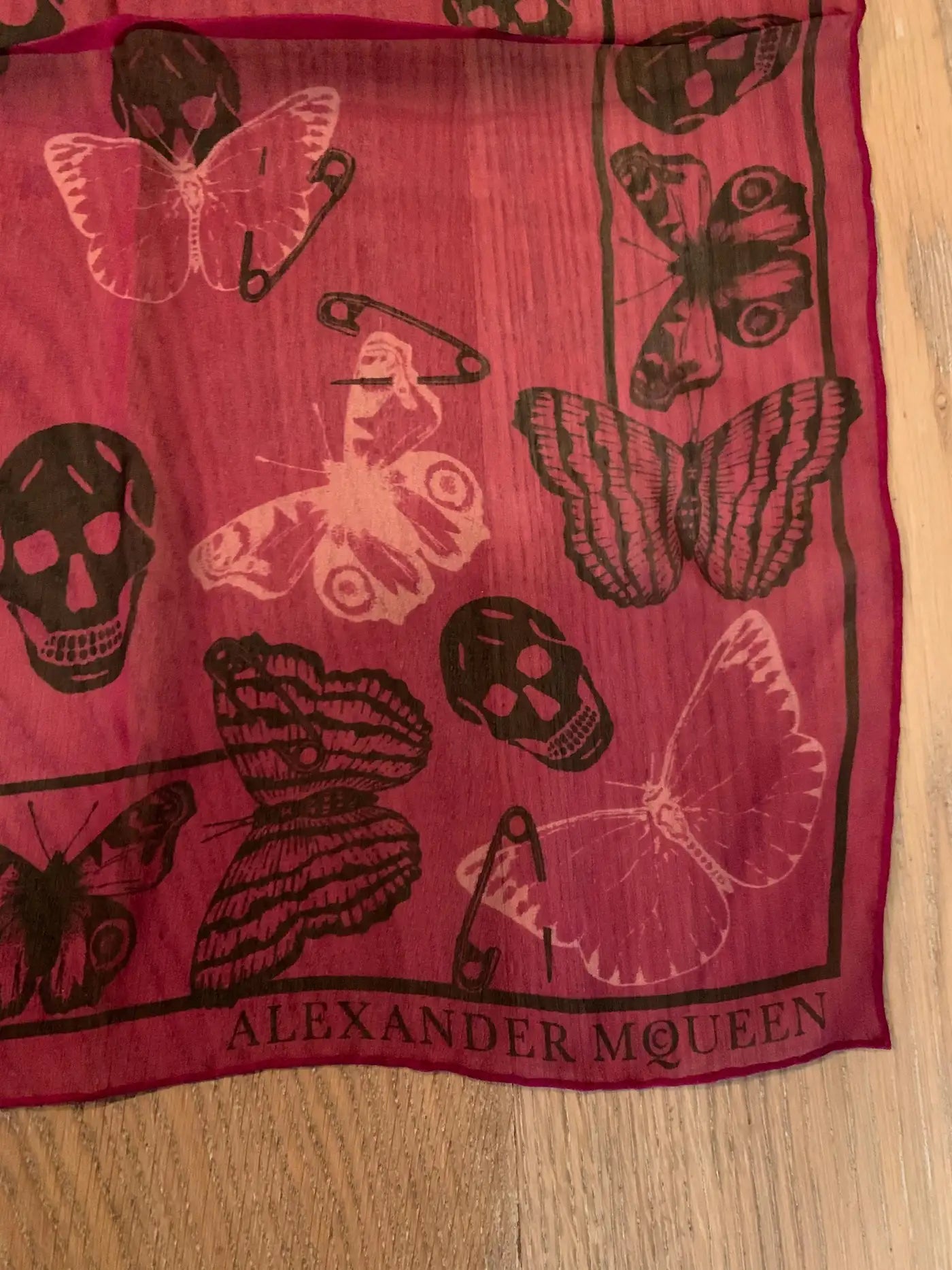 New Alexander Mcqueen Silk Butterfly and Skull Semi-Sheer Fuchsia Red Scarf