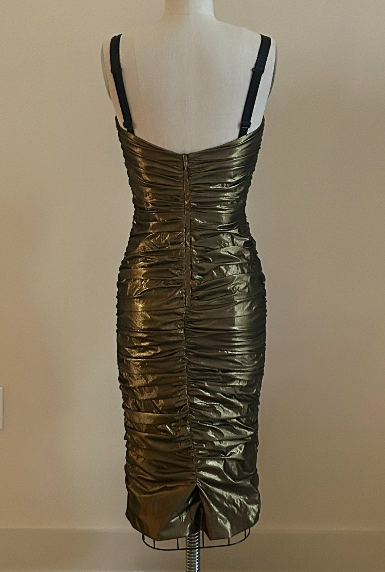 Dolce & Gabbana Gold Lame Ruched Midi Cocktail Dress
